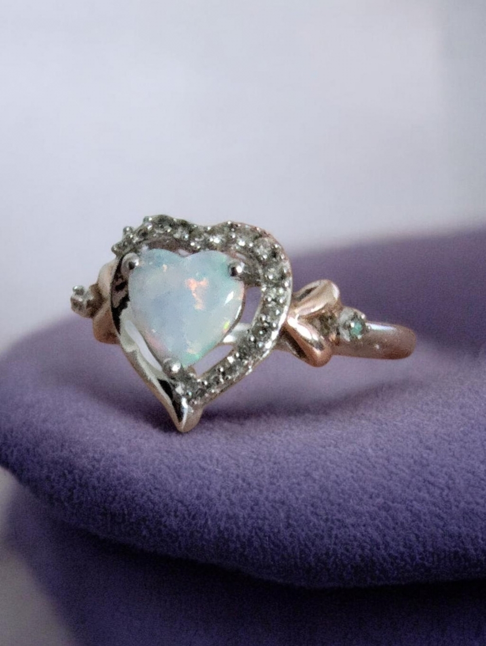 JWBR Sterling Silver Opal Heart Ring Halo Accent Stones 925 Size 7